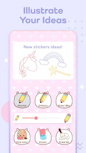 Drawing and sticker tools in kawaii notes app with unicorn illustration and emboss options on pink background