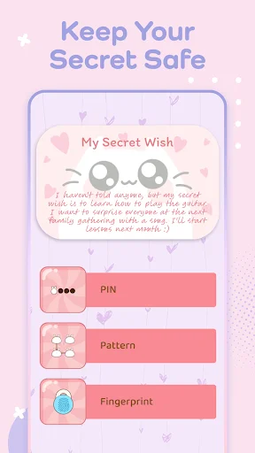 Note security feature with cute character showing three lock methods: PIN code, pattern, and fingerprint