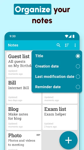 Notes organizer screen showing sorting options by title, creation date, modification date, and reminder date