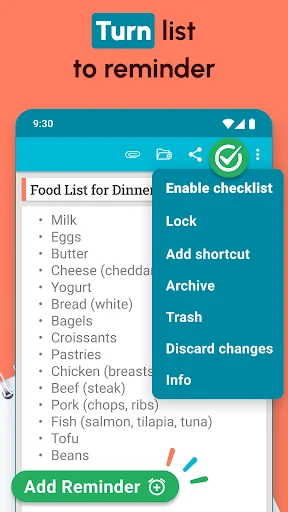 Notes app with food shopping list and menu options to enable checklist, lock, archive, and add reminder