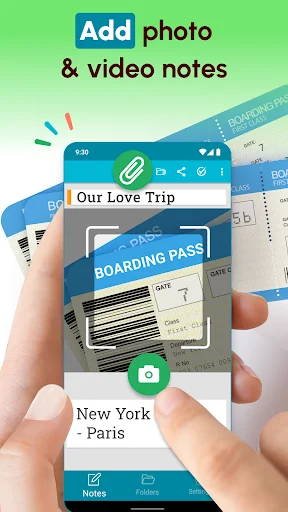 Note with photo attachment feature showing boarding pass image being added to travel note