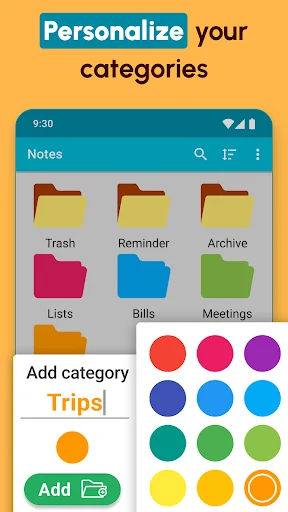 Customizable category folders with color picker for organizing notes, reminders, lists, bills, and meetings