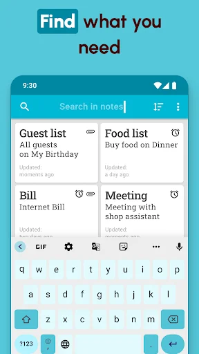 Notes search interface with keyboard showing quick search functionality to find notes and reminders