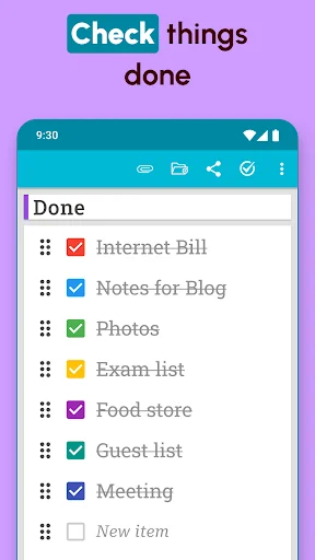 Completed checklist view showing checked-off tasks including bills, photos, and meeting items
