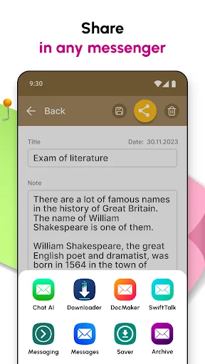 Share note feature displaying messaging app options including Chat AI, Downloader, DocMaker, SwiftTalk