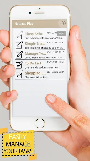 Notepad Plus app task management interface displaying multiple notes with timestamps and preview text on smartphone