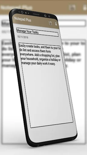 Manage Your Tasks note displayed in Notepad Plus showing text editor interface on mobile phone