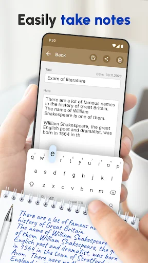 Exam of literature note being edited with on-screen keyboard in Notes Writing Pad app