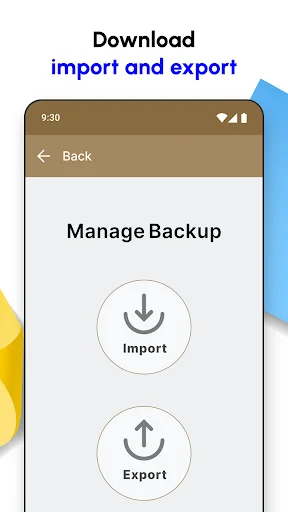 Manage Backup screen with Import and Export buttons for downloading and uploading notes data