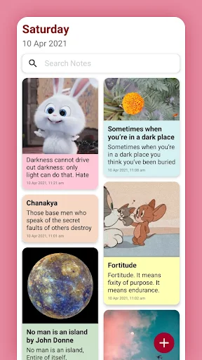 Note It app home screen showing grid of colorful notes with images, quotes, and search bar