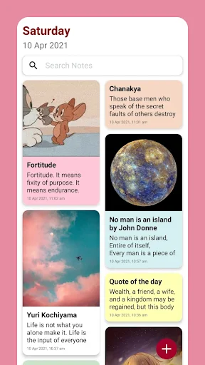 Note It digital notebook displaying masonry layout of notes with quotes, images, and add button