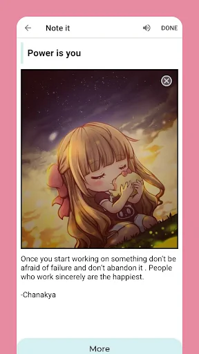 Note It app opened note with anime illustration, motivational quote by Chanakya, and more options