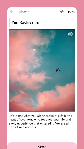 Note It note detail view showing Yuri Kochiyama quote with sky photo and navigation controls