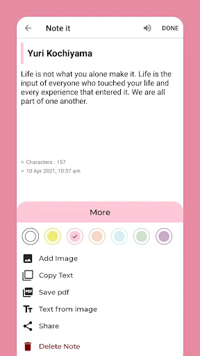 Note It note editor with color themes, character count, and action menu for sharing and editing