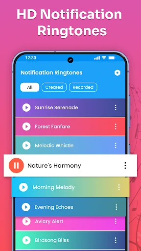 HD notification ringtones list with curated sounds and filter tabs for All, Created, and Recorded ringtones.