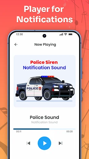 Police Siren notification sound player with police car image and playback controls for custom notification sounds.