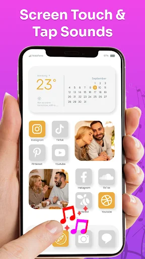 Screen touch and tap sounds personalization with music note icons showing sound effects for phone interactions.