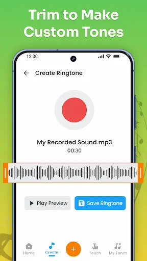 Trim ringtone editor showing audio waveform with preview and save buttons for creating custom notification sounds.