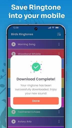 Download Complete confirmation showing ringtone successfully saved to mobile with green checkmark and success message.