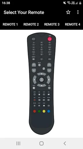 Nxt Digital Remote Controller app showing rounded remote option 1 with navigation pad and colored control buttons