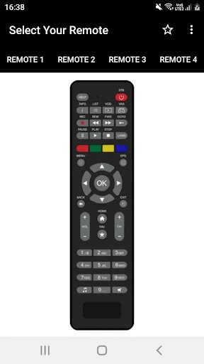 Nxt Digital Remote Controller app displaying modern rectangular remote layout with OK button and number keypad