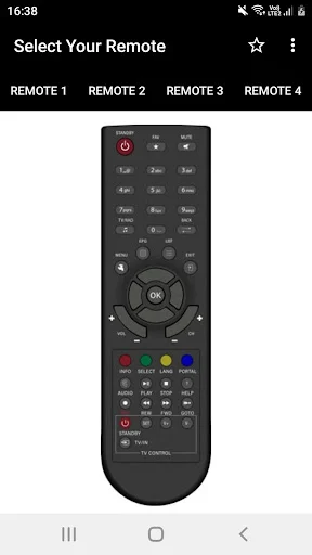 Nxt Digital Remote Controller app showing remote option 5 with circular navigation pad and TV control buttons