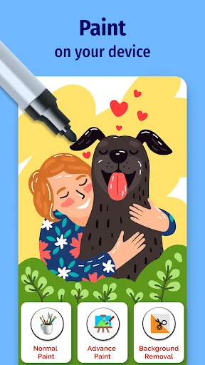Paint for Android app main screen showing girl with dog illustration and three paint modes: Normal, Advance, Background Removal