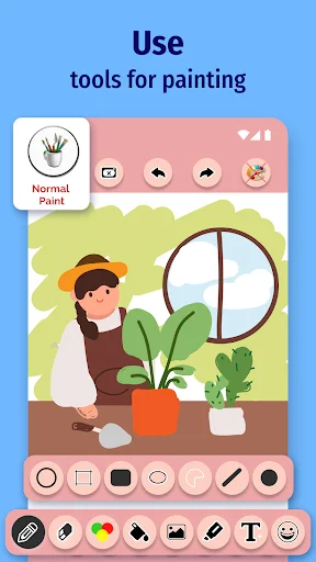 Paint app interface displaying painting tools and brushes with illustrated plant scene showing art and design features
