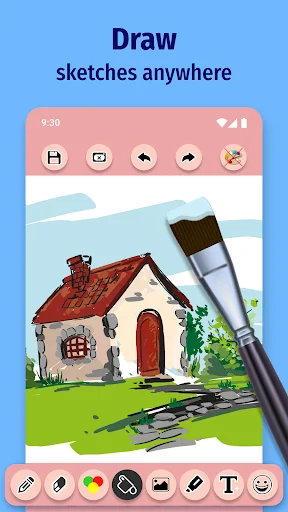 Draw sketches anywhere screen showing house illustration with paintbrush tool in Paint for Android drawing app