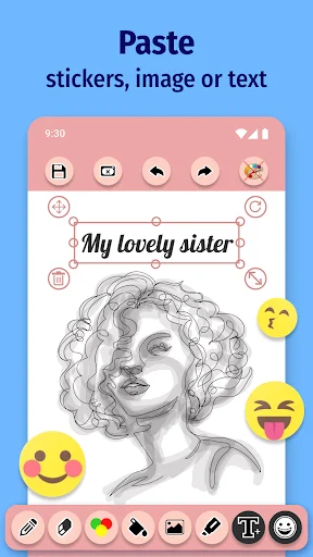 Paste stickers and text feature in Paint app showing portrait sketch with emoji stickers and custom text overlay