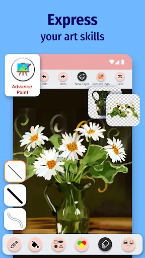 Advanced painting mode with layers showing daisy flower artwork demonstrating professional art and design tools