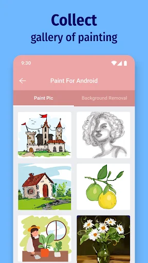 Paint for Android gallery view displaying collection of completed artworks including sketches, paintings, and drawings