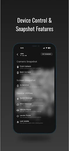 Device Control & Snapshot Features interface with camera snapshot, screen capture, and device utility management options