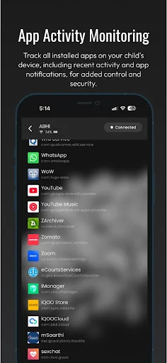 App Activity Monitoring screen showing comprehensive list of installed apps on child's device for parental oversight and control