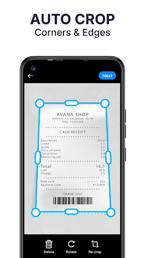 Auto-crop feature detecting receipt document corners and edges with blue guides for precise PDF scanning