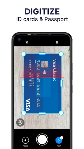 Digitizing credit card with corner detection guides for ID card and passport document scanning capability
