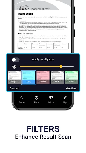 Filter enhancement panel offering Original, Ivory, Ember, B&W, and Gray filters to improve scanned document quality