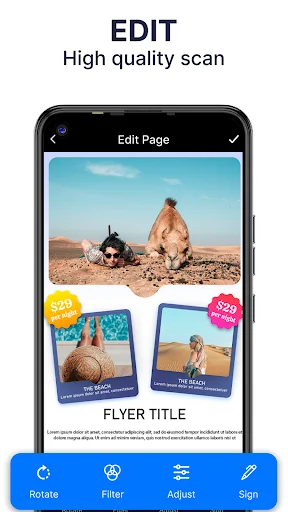 Edit page with image and document layouts featuring rotate, filter, adjust, and sign tools for PDF editing