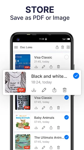 Document storage library displaying saved scanned files with options to save and organize as PDF or image