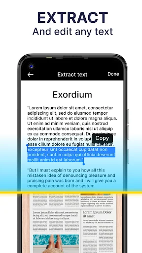 Text extraction feature highlighting and copying selected text from scanned PDF documents for easy editing