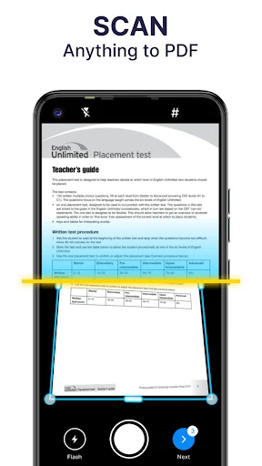 Document scanner capturing page with blue corner guides and yellow scan indicator for high-quality PDF conversion