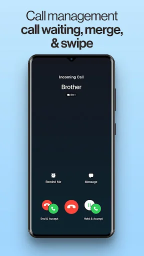 Incoming call screen with call waiting, merge, hold, and swipe to answer options for call management