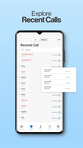 Recent Calls log screen showing call history list with contact names, timestamps, and call duration details with search functionality and navigation icons