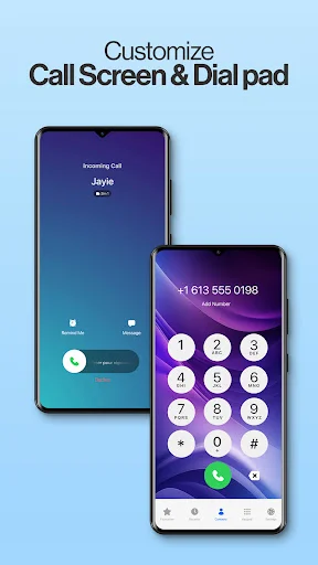 Customizable Call Screen and Dial pad interface displaying incoming call screen with personalized background and purple-themed numeric dial pad with numbers 0-9 and special characters