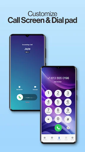 Customizable call screen and dialpad interface with purple gradient theme for phone dialer