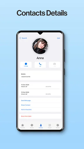 Contact details page showing profile photo, mobile number, call history and action buttons