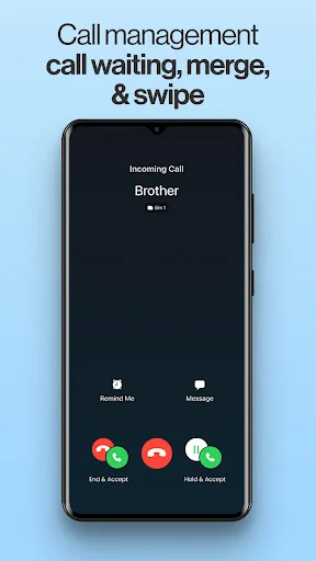 Incoming call screen displaying call from Brother with call management options: Missed Up, Message, End & Accept, and Hold & Accept buttons for call waiting and merging functionality