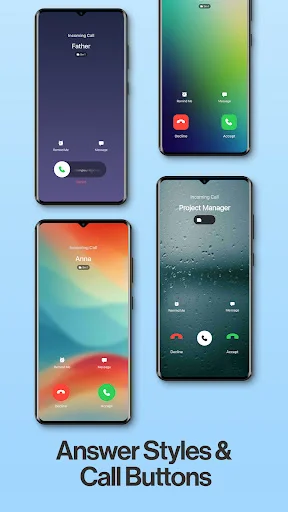 Multiple smartphone screens showcasing different answer styles and customizable call button designs with various color themes and layouts for personalized call interface