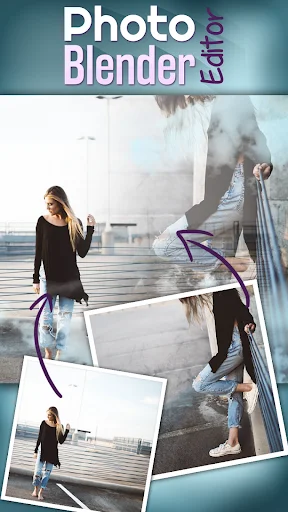 Photo Blender Editor app showing beach photos blended into artistic composite with arrows indicating source images