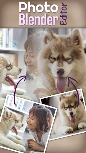 Photo blending app combining woman and husky dog portraits into single creative merged image with transparency effects